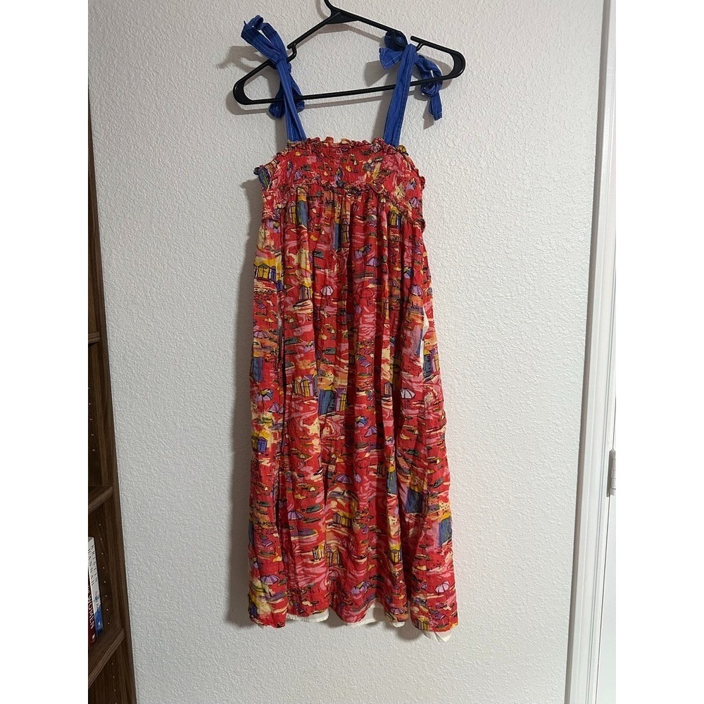 TCEC Red Beach Scene Midi Dress S Bow Straps Summer Pockets Vacation